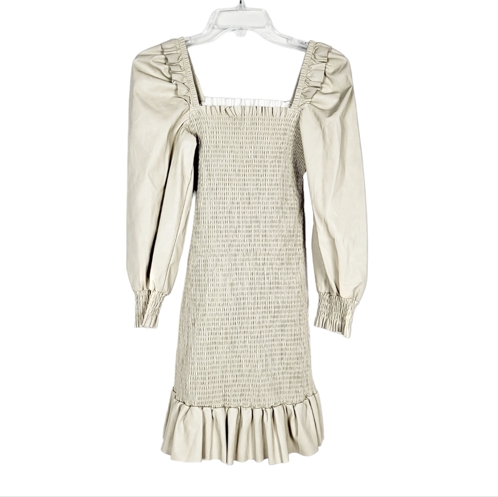 7 For All Mankind Smocked Faux Leather Mini Dress cream